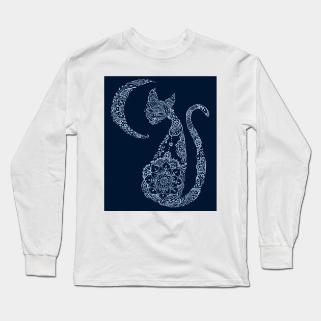 Cat and Moon - Silver Long Sleeve T-Shirt by MariaMahar